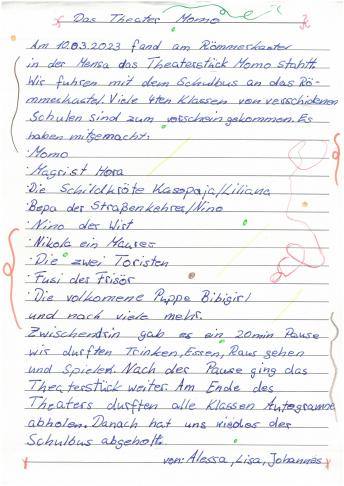 Bericht von Alessa, Lisa und Johannes: Das Theater Momo
