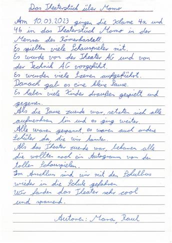 Bericht von Mara und Raul: Das Theaterstück über Momo
